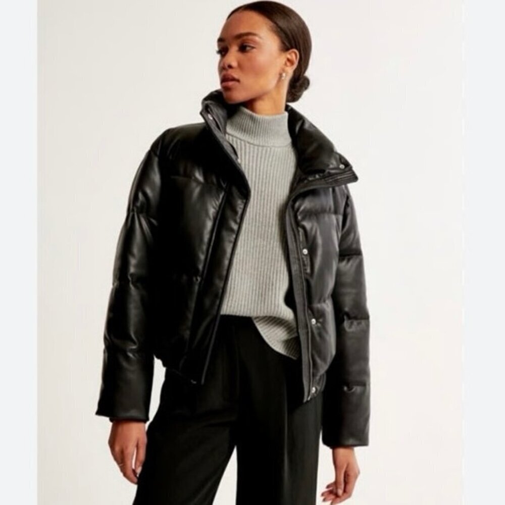 Abercrombie & Fitch Vegan Leather Mini Ultra Puffer Jacket Black Size XS
